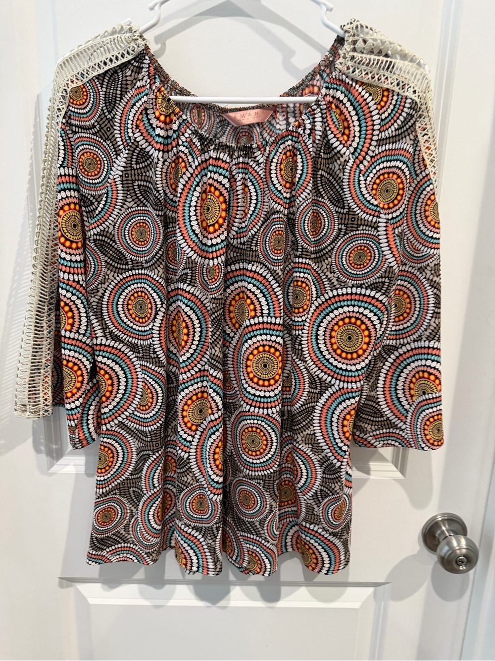 Amana Boho Geometric Circle Print Top with Crochet Accent on Shoulders Size L